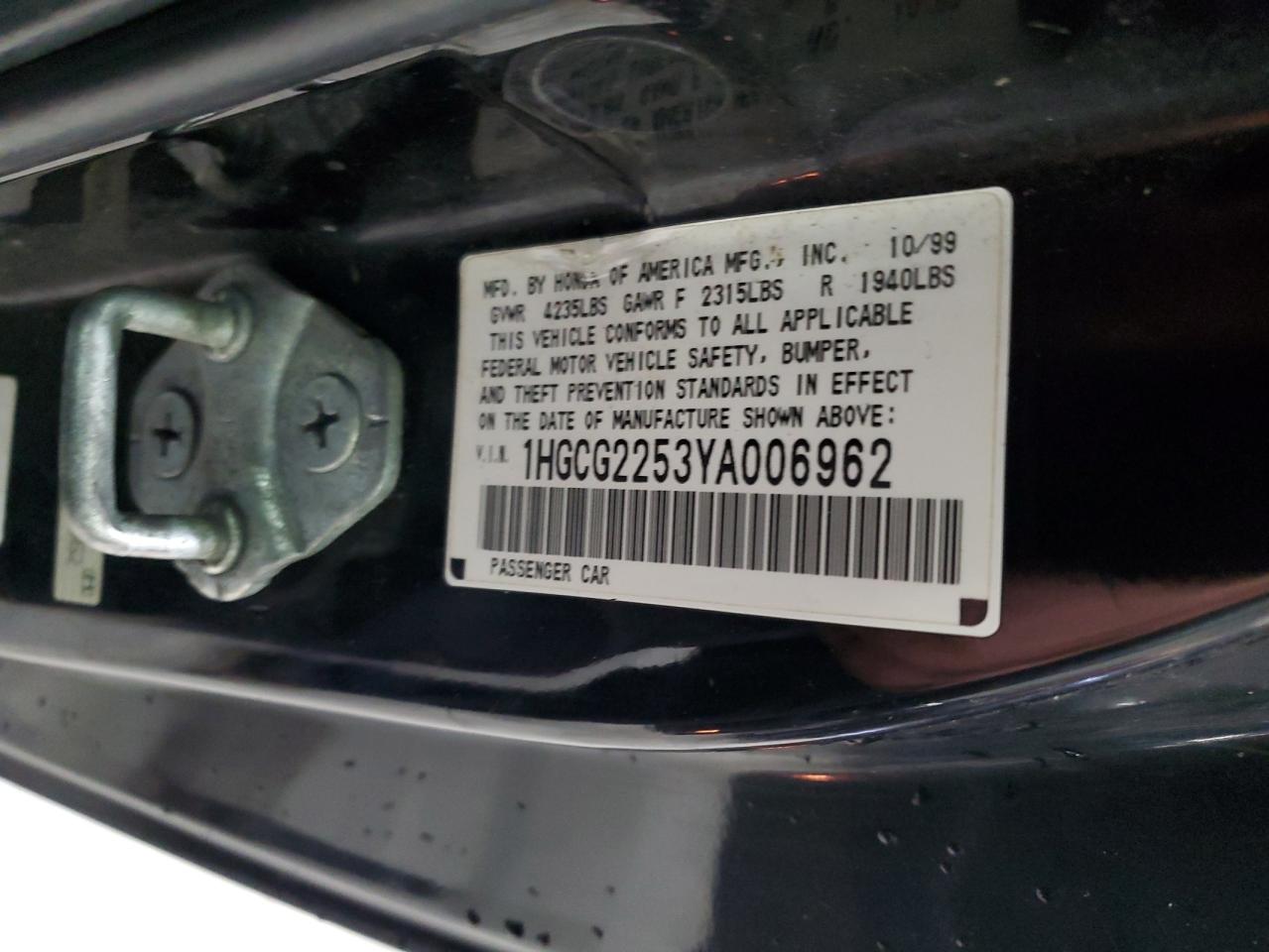 2000 Honda Accord Ex VIN: 1HGCG2253YA006962 Lot: 92440705