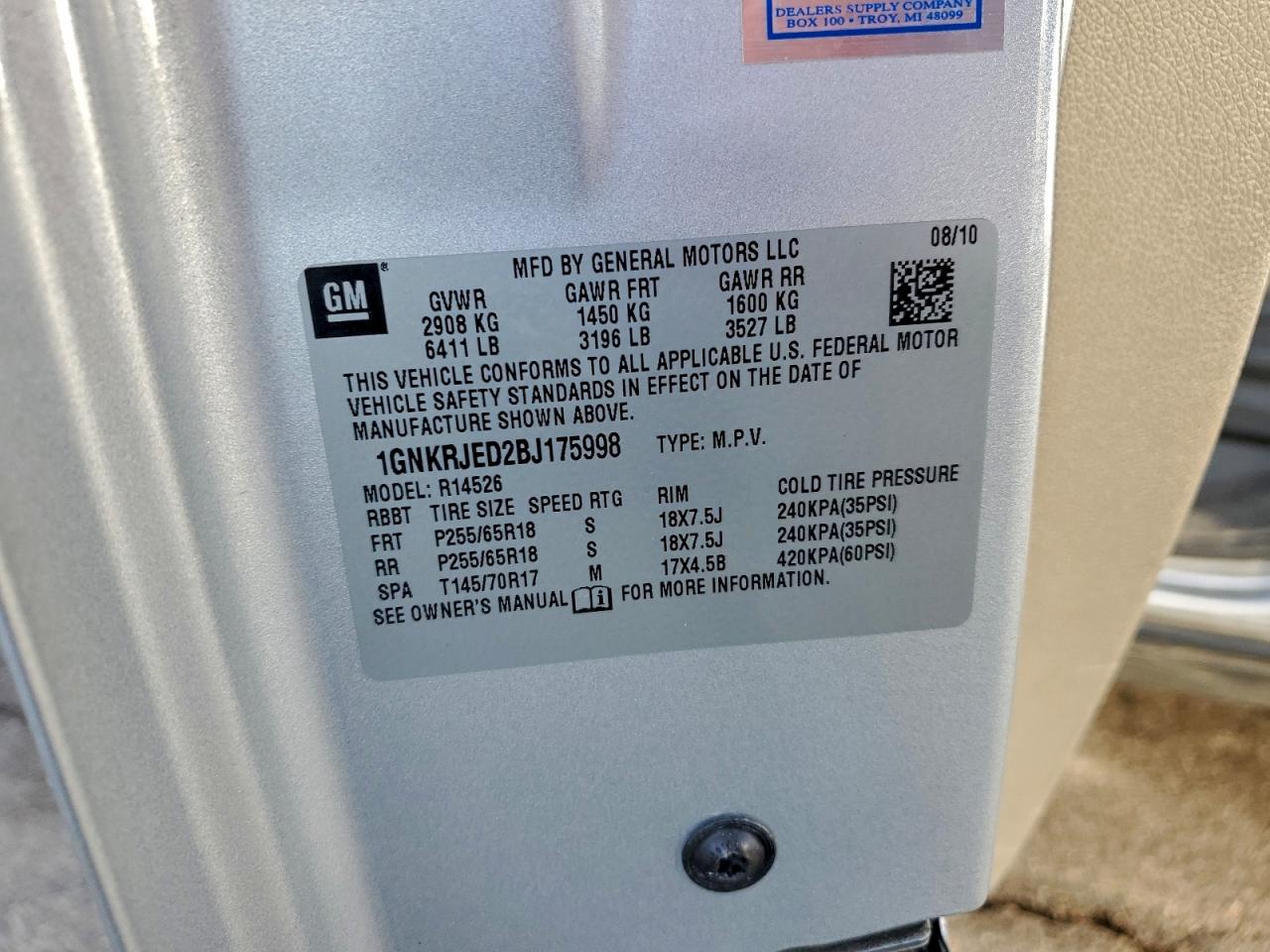 2011 Chevrolet Traverse Lt VIN: 1GNKRJED2BJ175998 Lot: 93653795