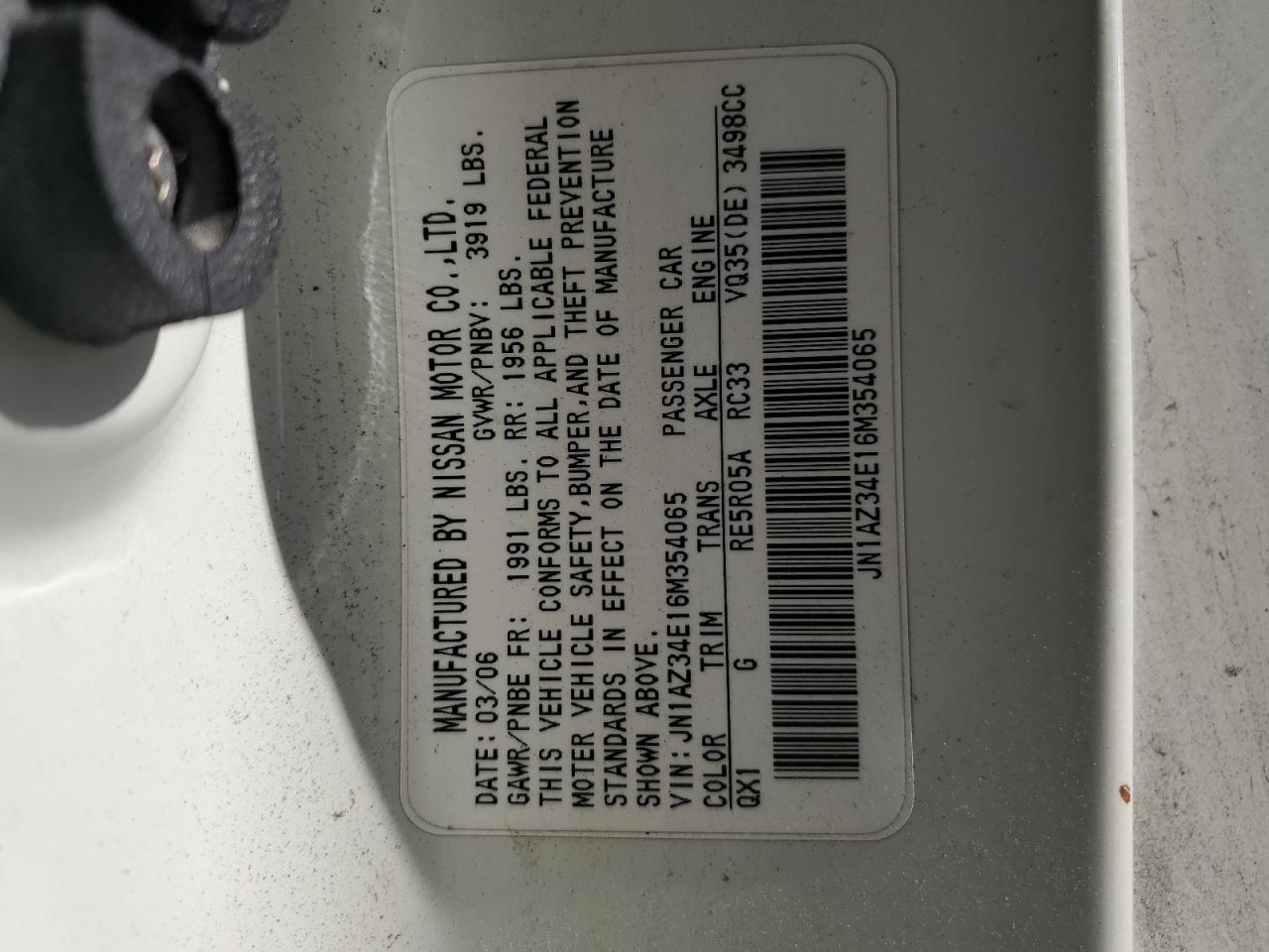 2006 Nissan 350Z Coupe VIN: JN1AZ34E16M354065 Lot: 91482815