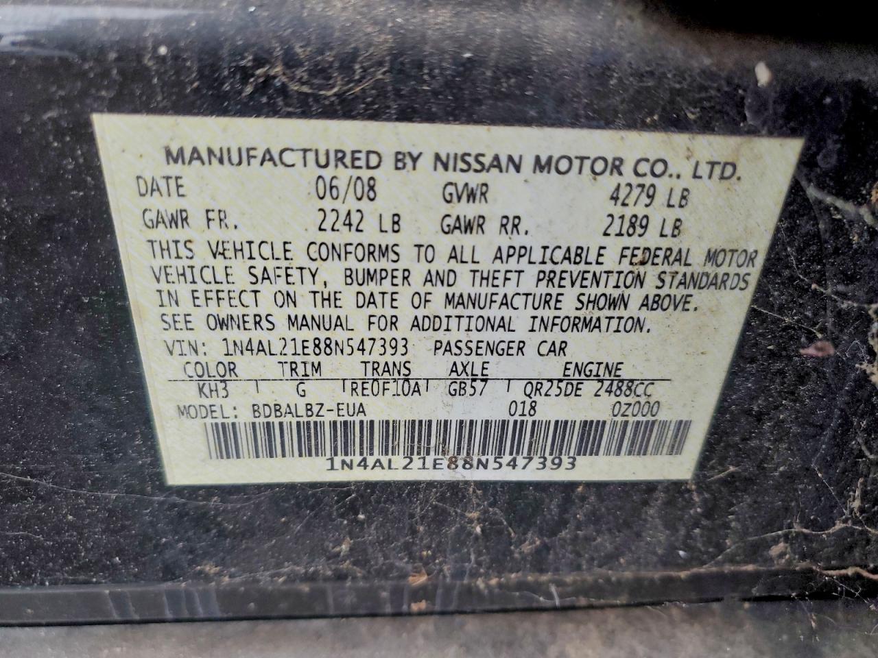 2009 Nissan Altima 2.5 VIN: 1N4AL21E88N547393 Lot: 94200465