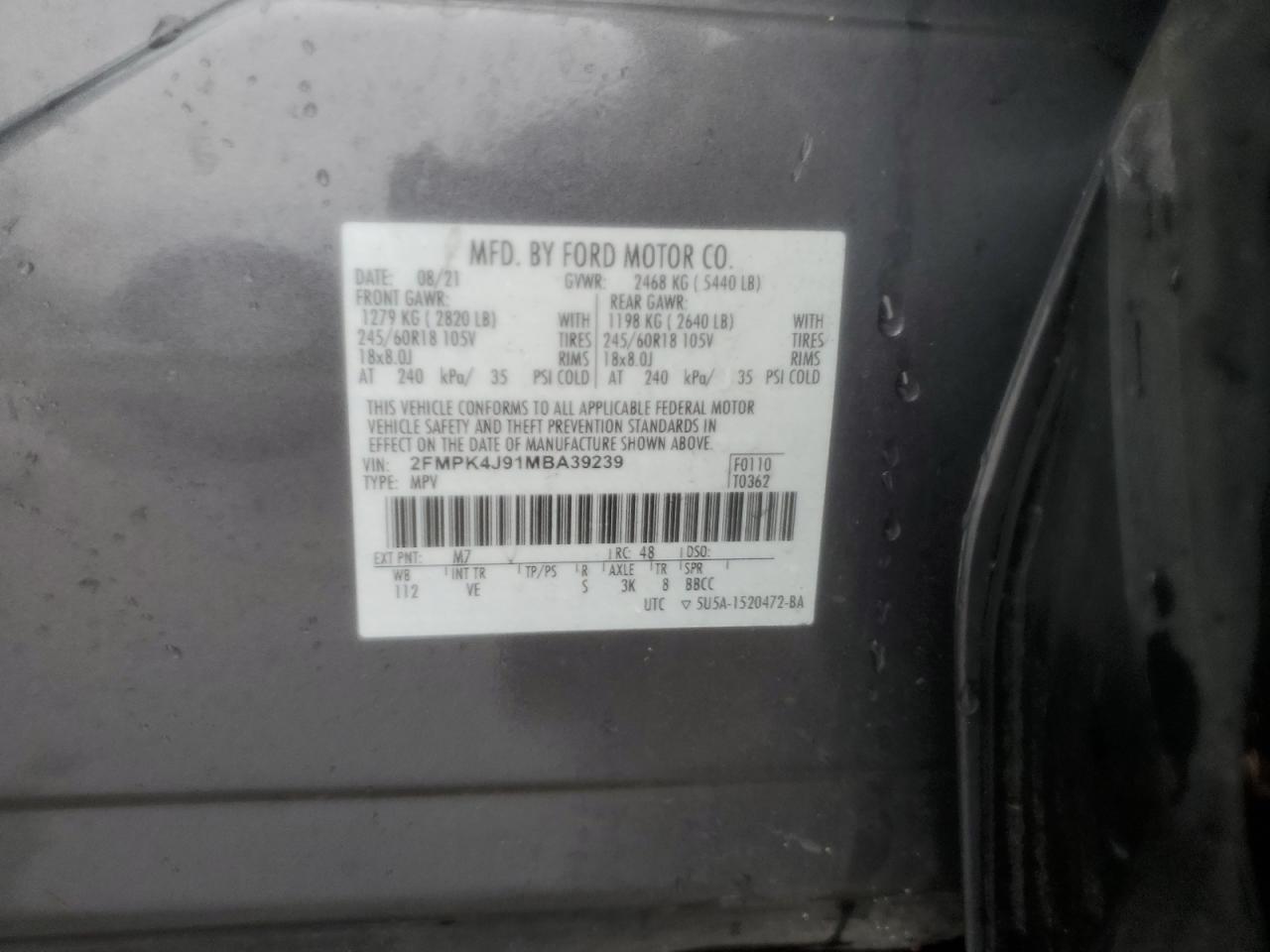 2021 Ford Edge Sel VIN: 2FMPK4J91MBA39239 Lot: 93326385