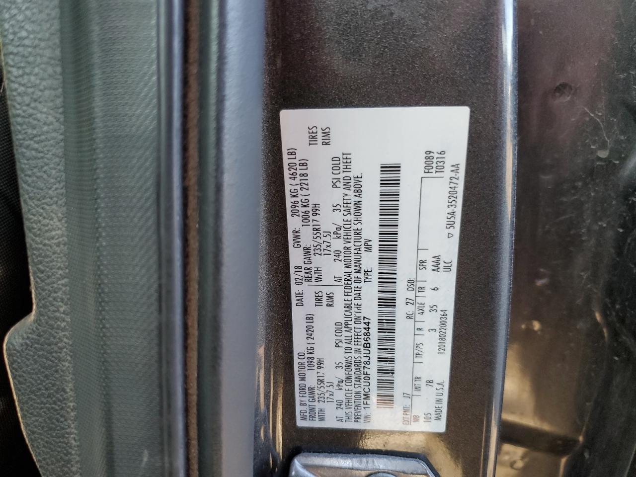 2018 Ford Escape S VIN: 1FMCU0F78JUB68447 Lot: 93093835