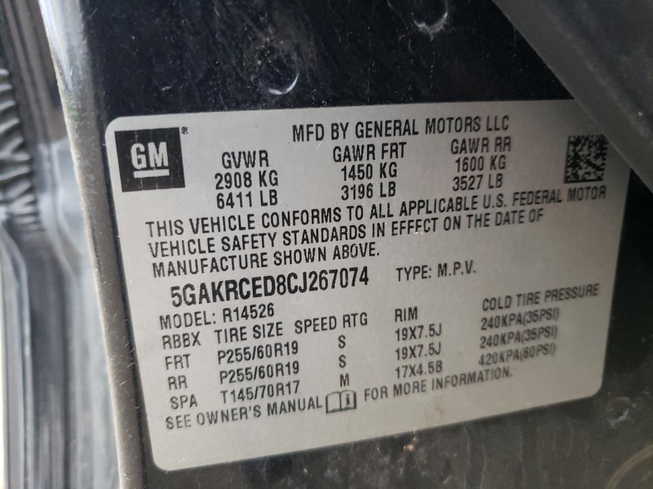 2012 Buick Enclave VIN: 5GAKRCED8CJ267074 Lot: 91615515