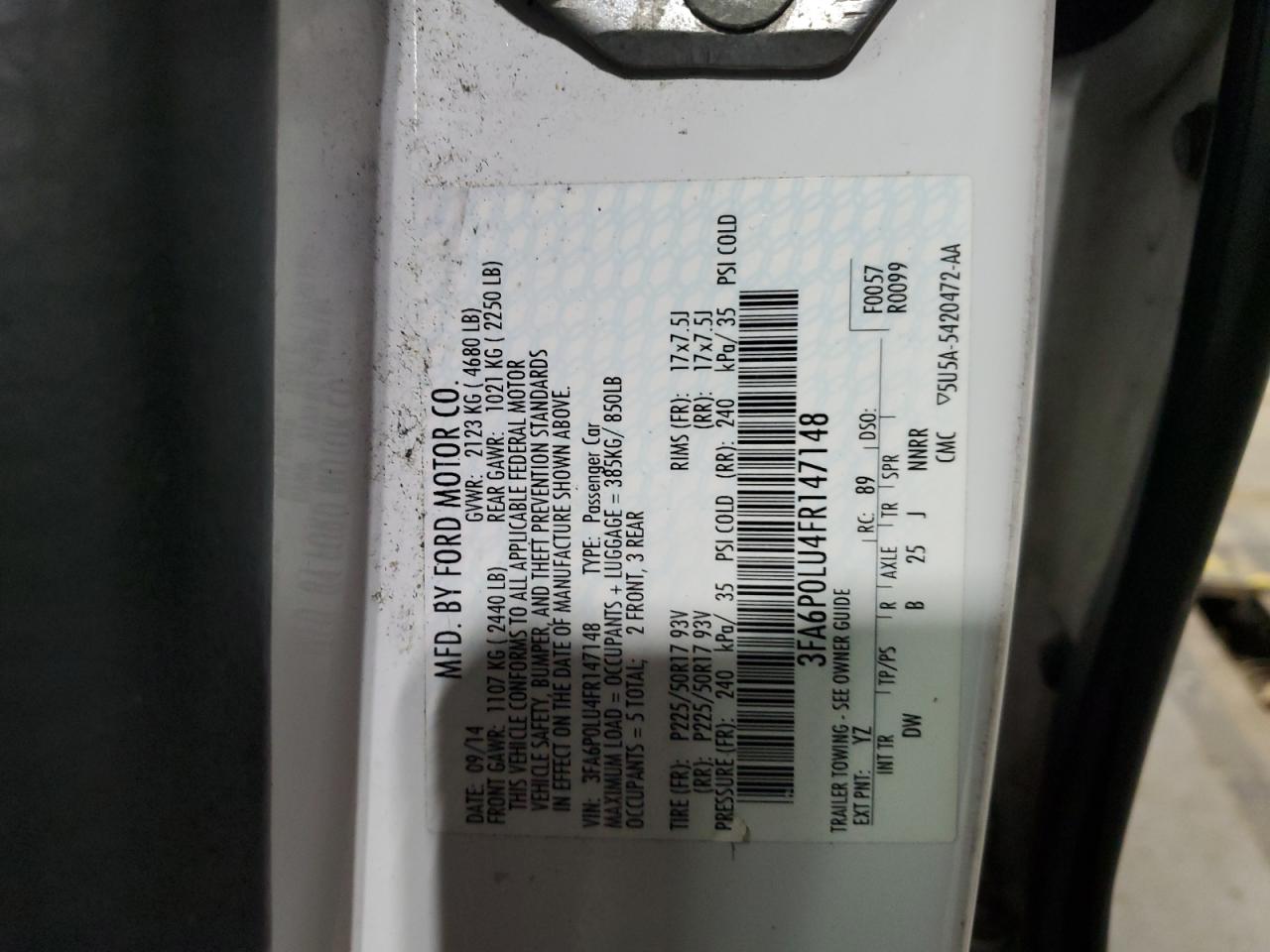 2015 Ford Fusion Se Hybrid VIN: 3FA6P0LU4FR147148 Lot: 92434885