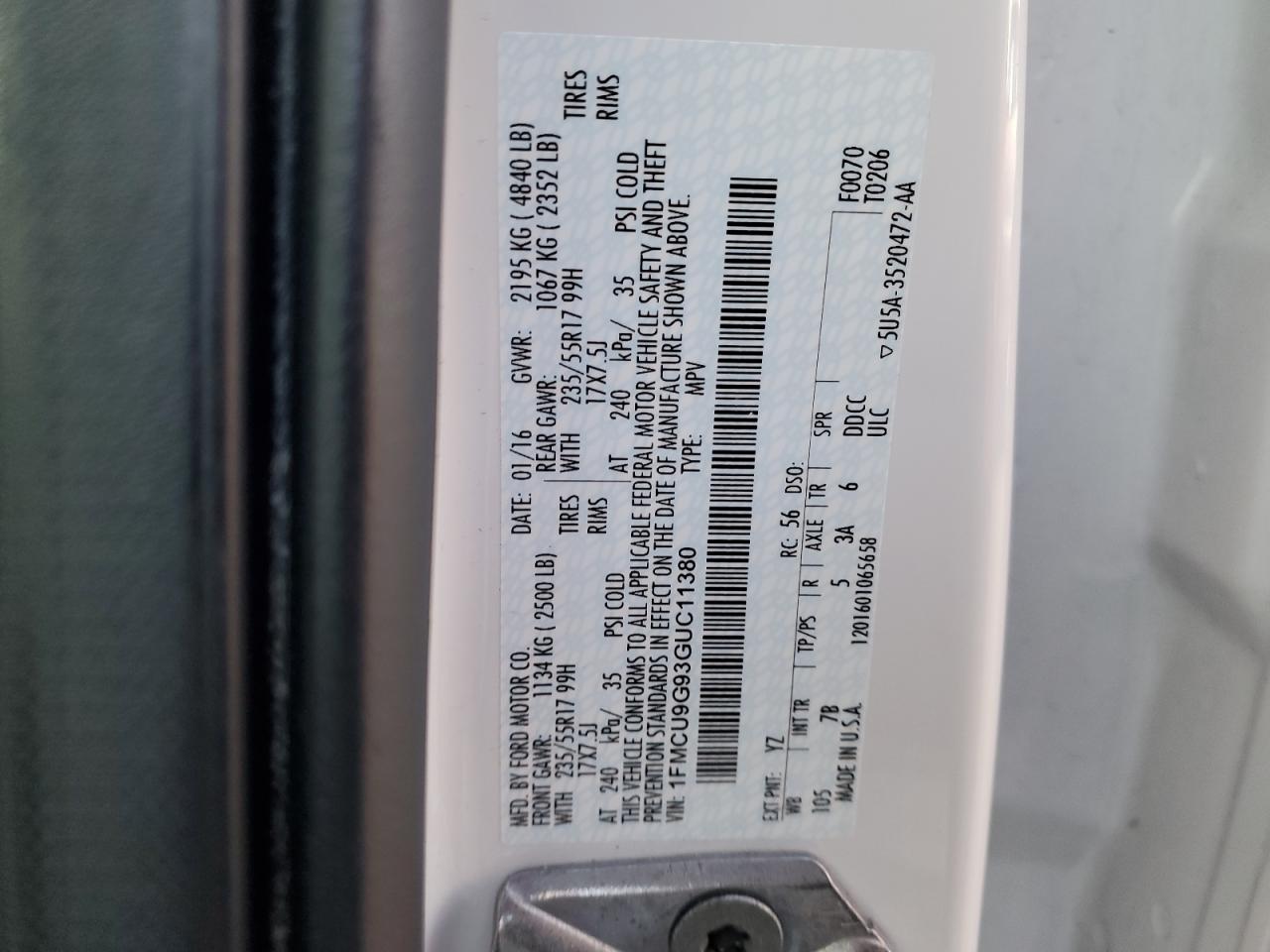 2016 Ford Escape Se VIN: 1FMCU9G93GUC11380 Lot: 92721855