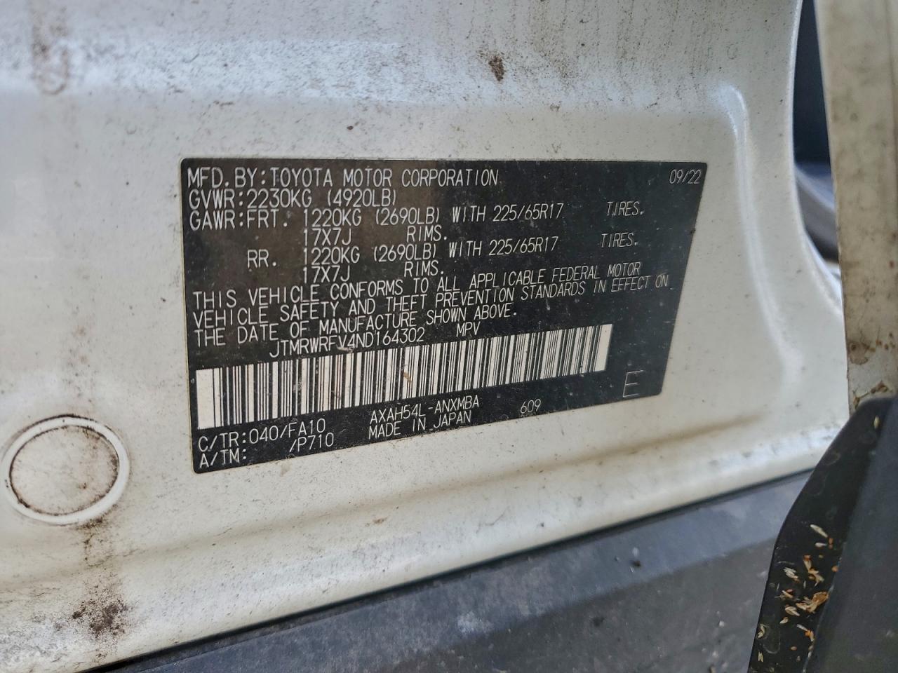 2022 Toyota Rav4 Xle VIN: JTMRWRFV4ND164302 Lot: 93731375