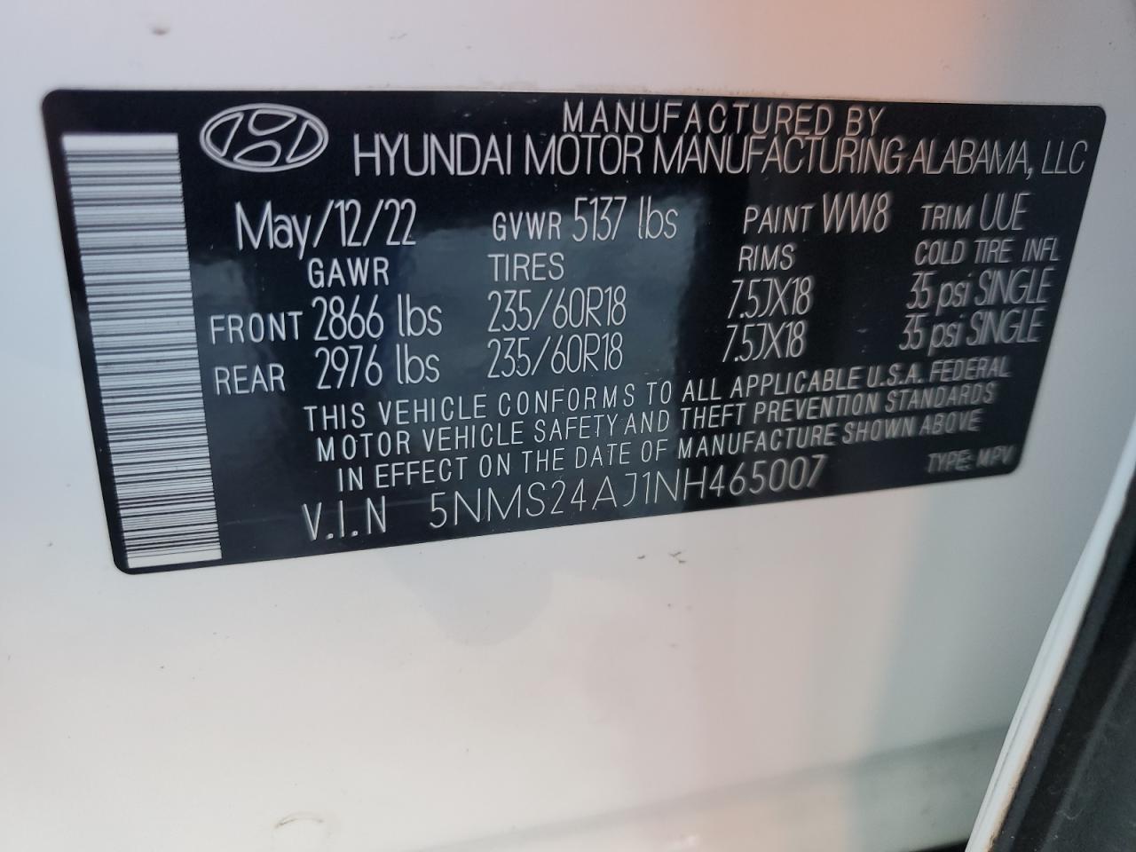 2022 Hyundai Santa Fe Sel VIN: 5NMS24AJ1NH465007 Lot: 91521775