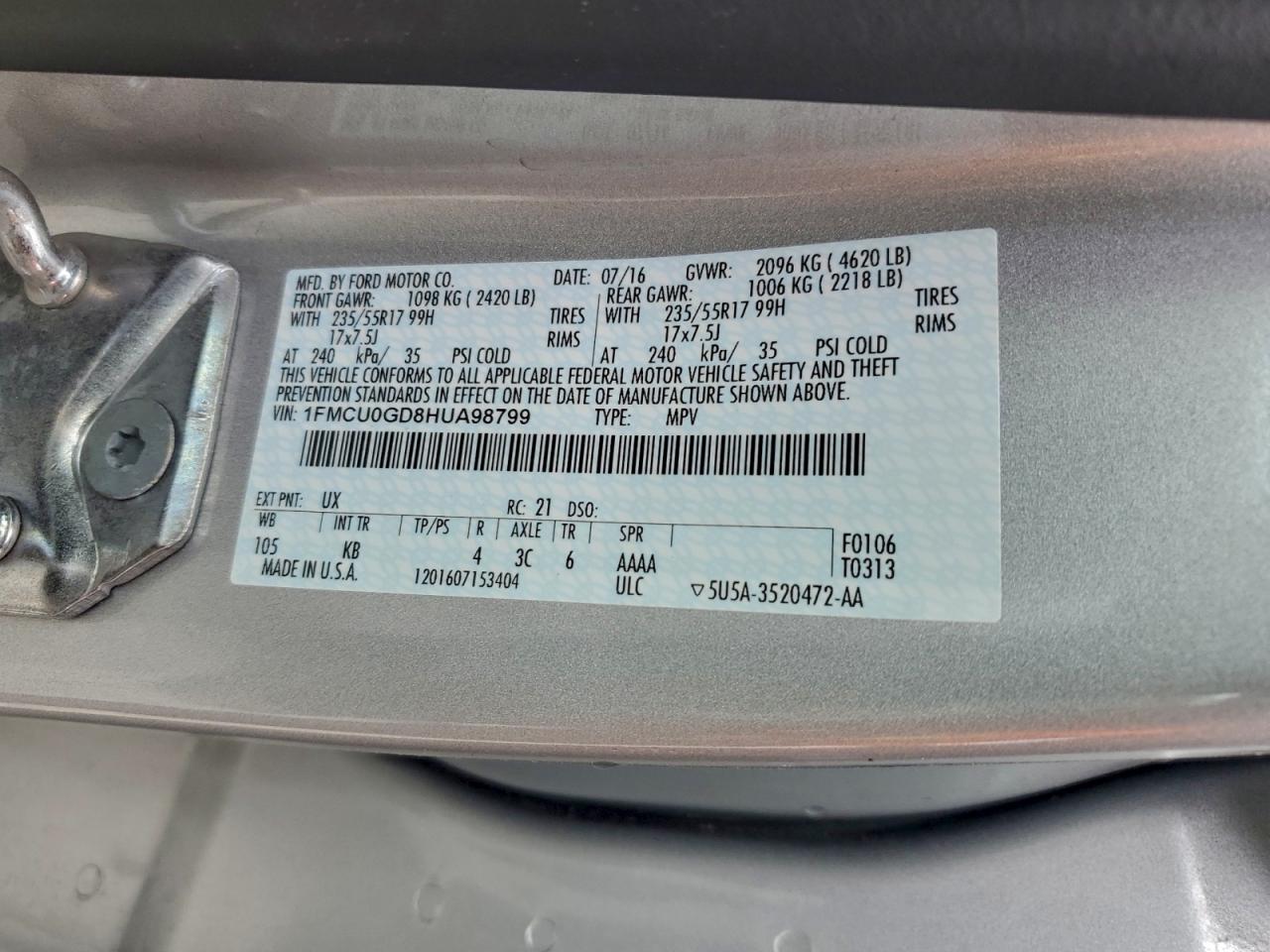 2017 Ford Escape Se VIN: 1FMCU0GD8HUA98799 Lot: 93718195