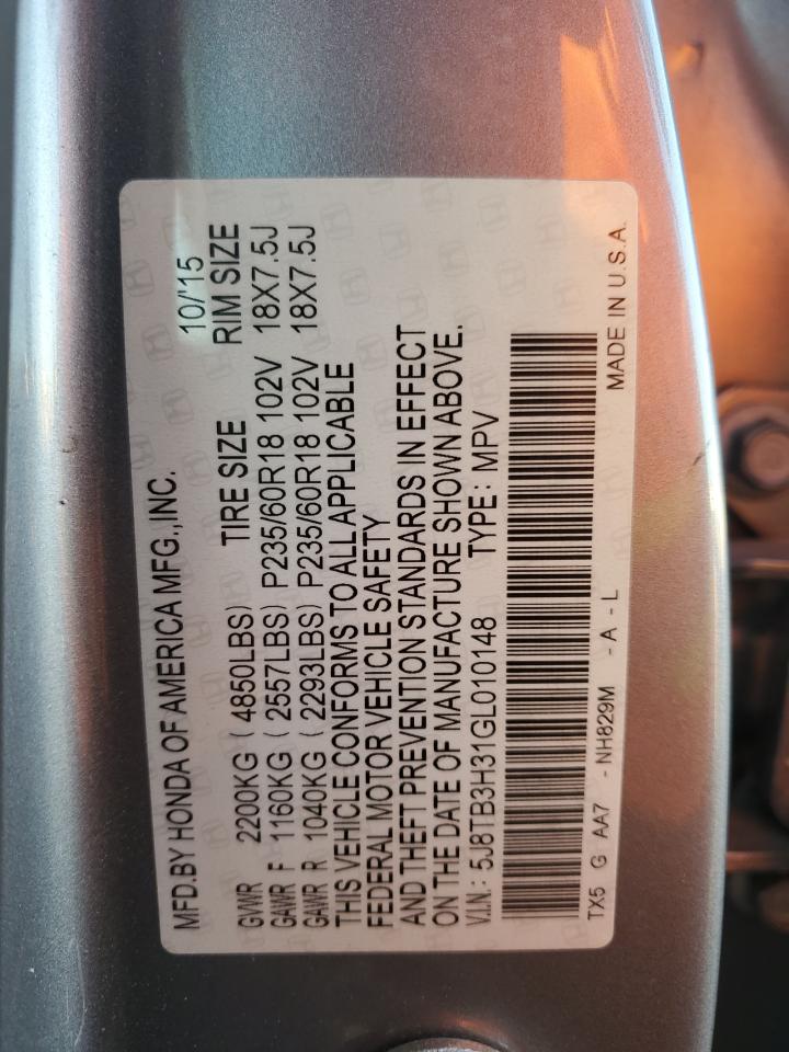 2016 Acura Rdx VIN: 5J8TB3H31GL010148 Lot: 93563025