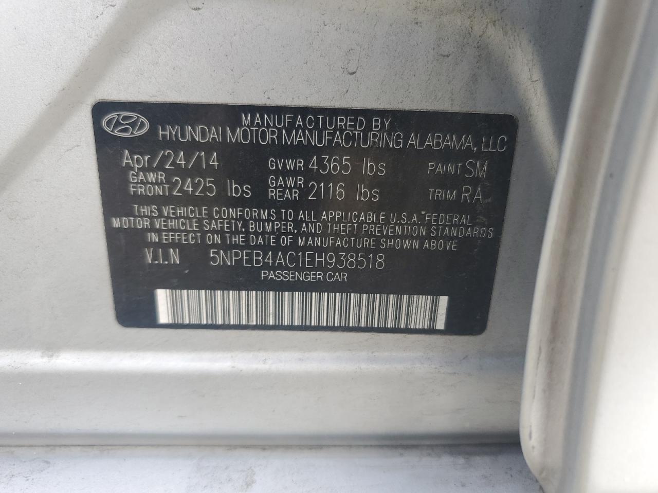 2014 Hyundai Sonata Gls VIN: 5NPEB4AC1EH938518 Lot: 93337685