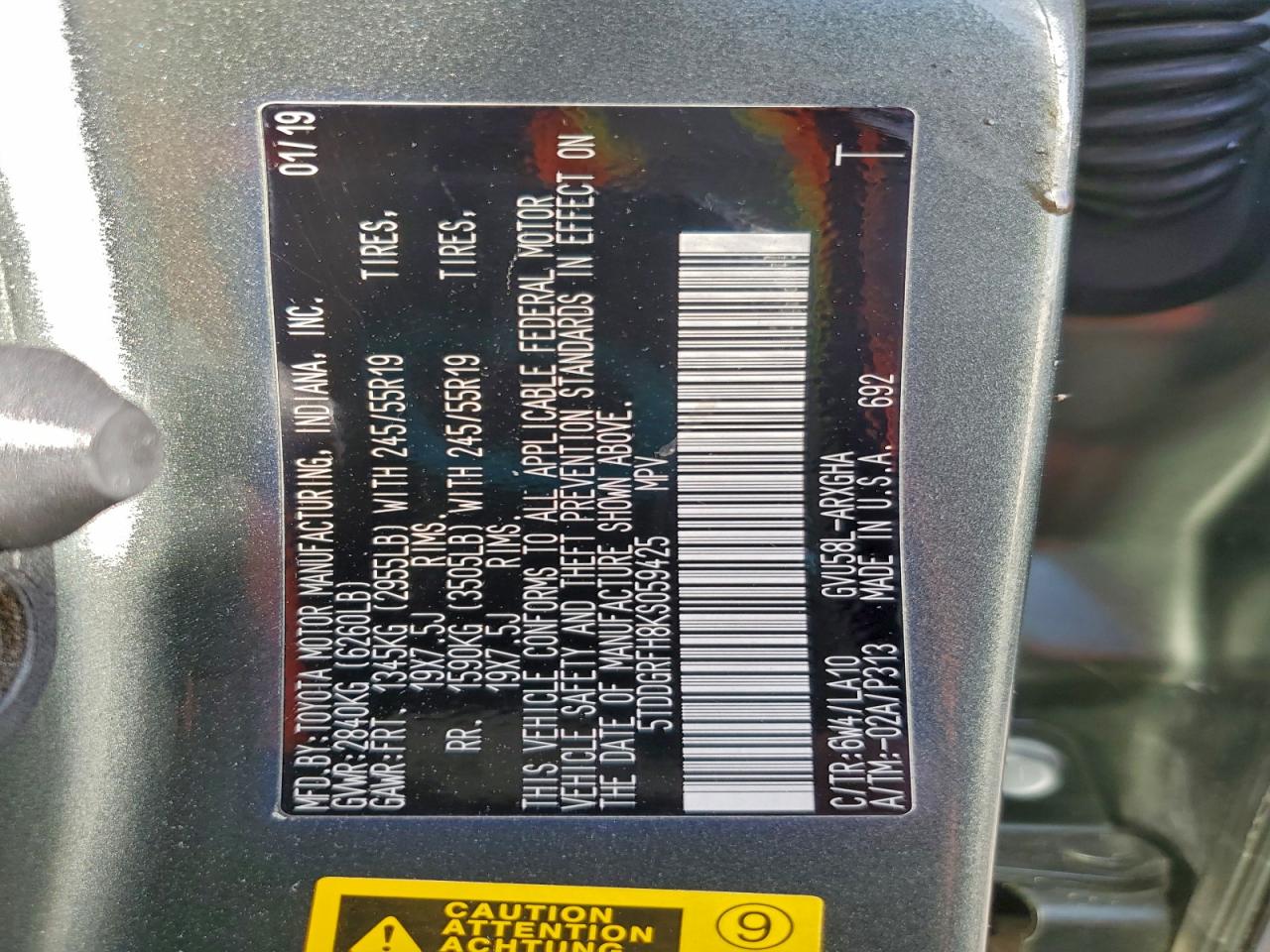 2019 Toyota Highlander Hybrid Limited VIN: 5TDDGRFH8KS059425 Lot: 94503795