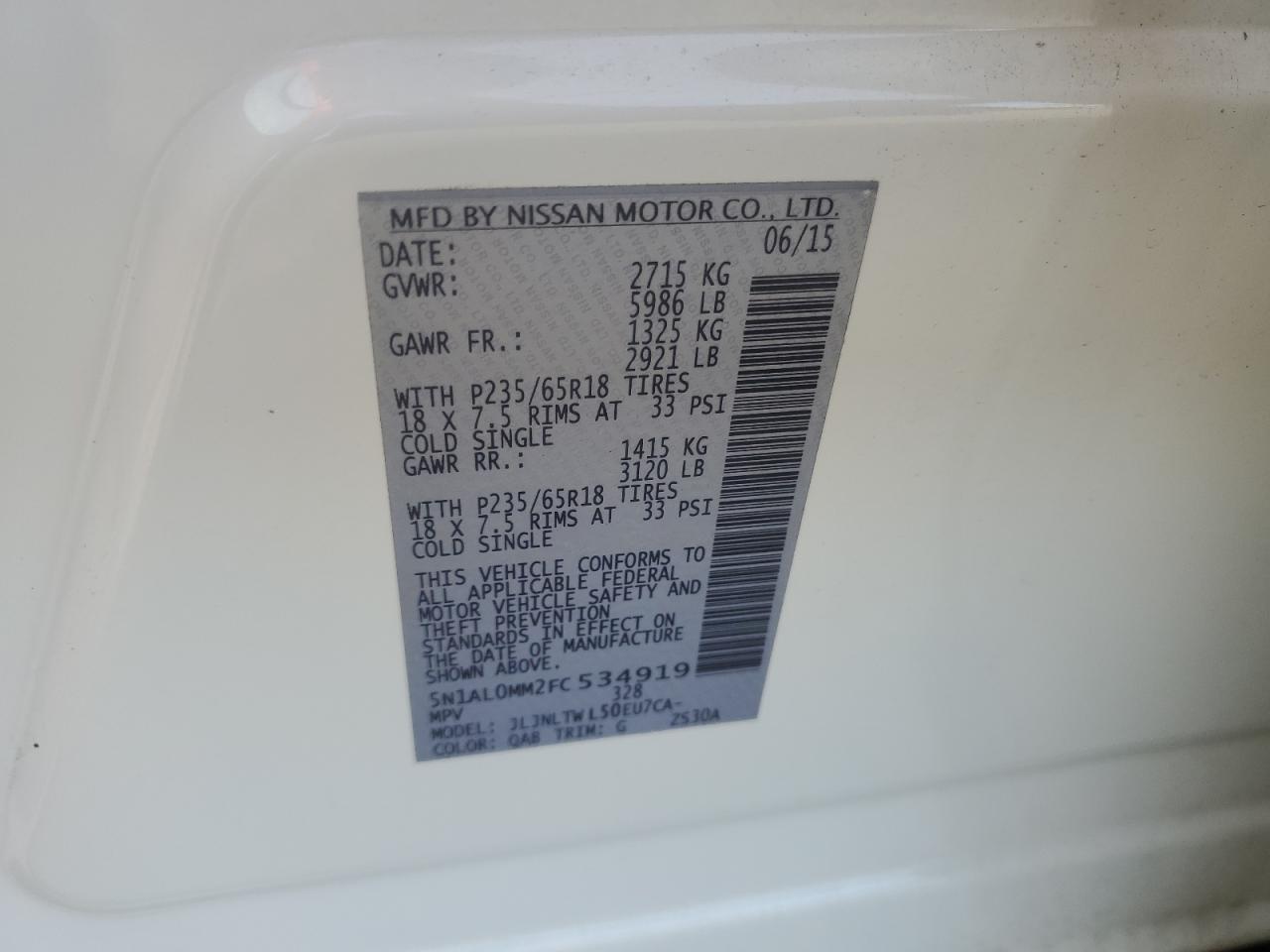 2015 Infiniti Qx60 VIN: 5N1AL0MM2FC534919 Lot: 91015745