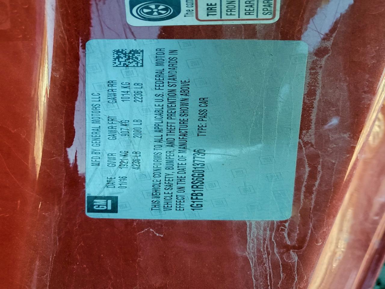 2016 Chevrolet Camaro Lt VIN: 1G1FB1RS6G0137736 Lot: 94191185