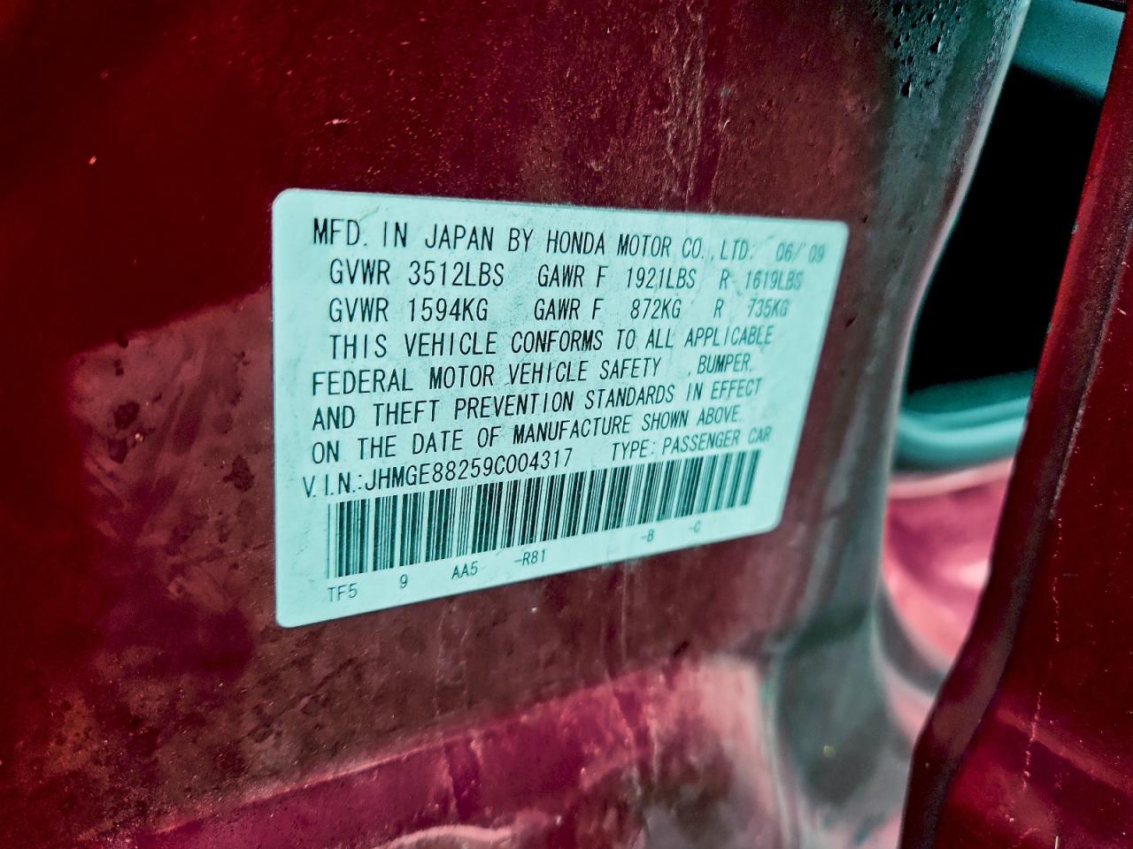 2009 Honda Fit VIN: JHMGE88259C004317 Lot: 93663135