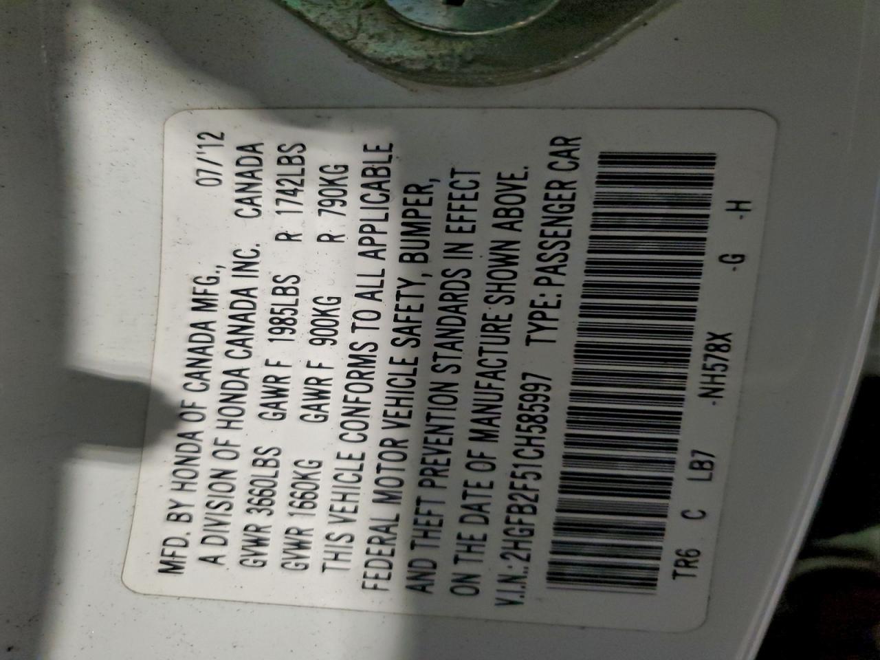 2012 Honda Civic Lx VIN: 2HGFB2F51CH585997 Lot: 94239335