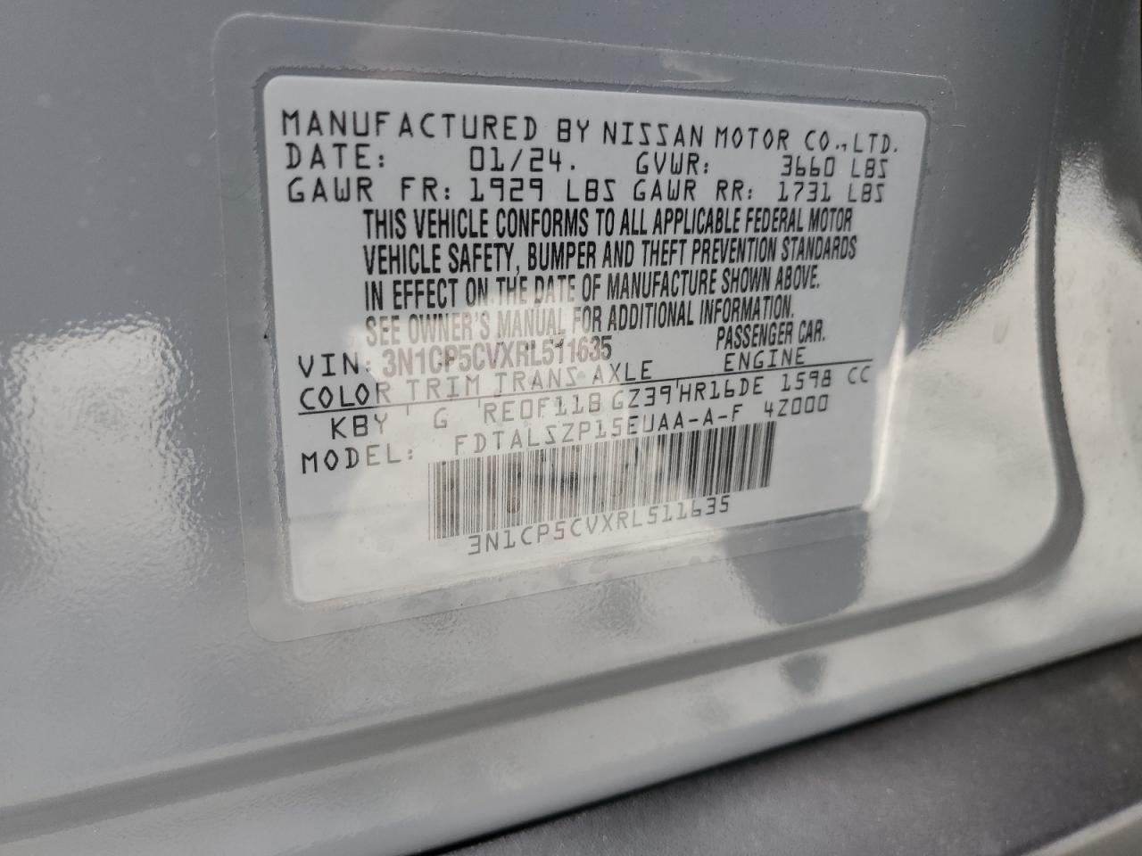 2024 Nissan Kicks Sv VIN: 3N1CP5CVXRL511635 Lot: 93926325