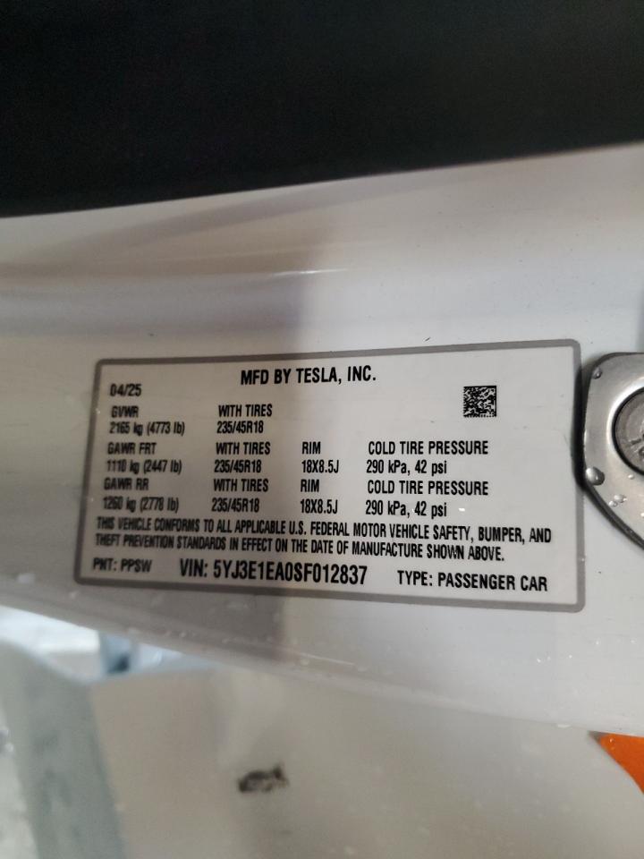 2025 Tesla Model 3 VIN: 5YJ3E1EA0SF012837 Lot: 92858555