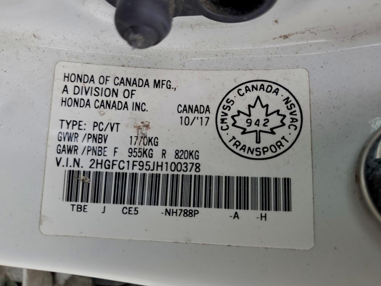 2018 Honda Civic Touring VIN: 2HGFC1F95JH100378 Lot: 94947885