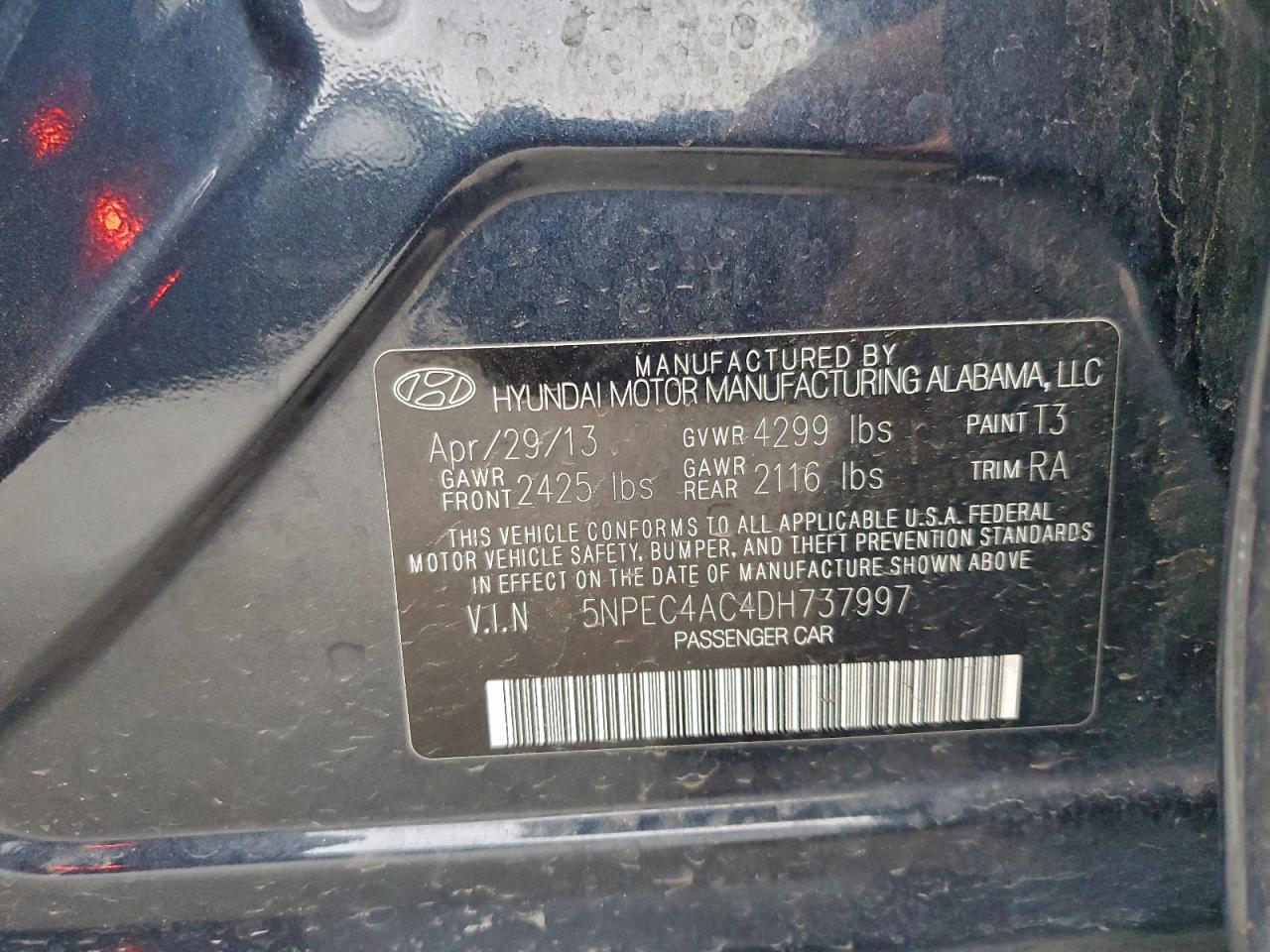 2013 Hyundai Sonata Se VIN: 5NPEC4AC4DH737997 Lot: 93777365