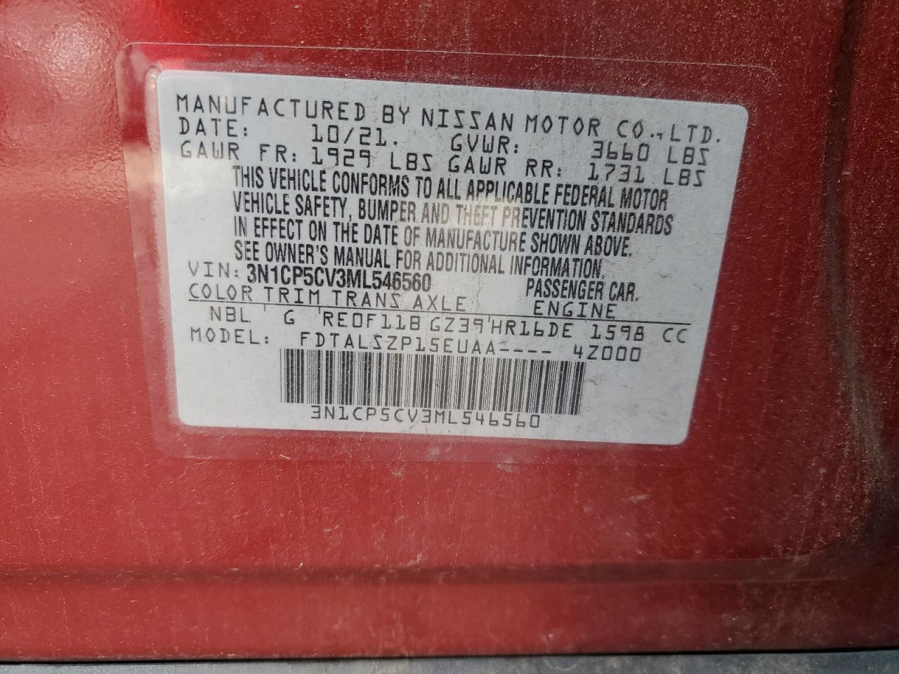 2021 Nissan Kicks Sv VIN: 3N1CP5CV3ML546560 Lot: 93871155