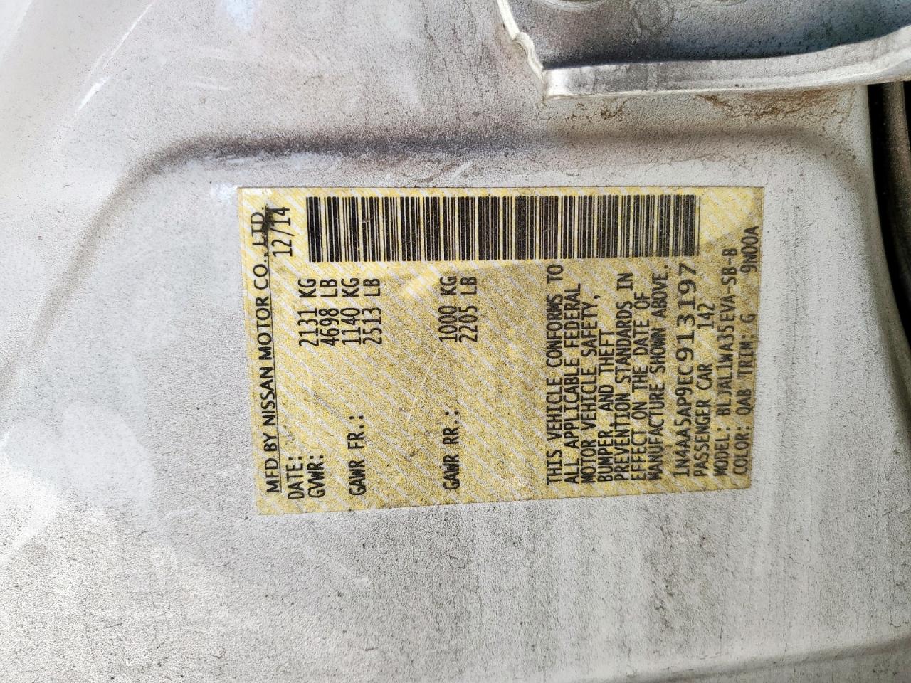 2014 Nissan Maxima S VIN: 1N4AA5AP9EC913197 Lot: 92594675