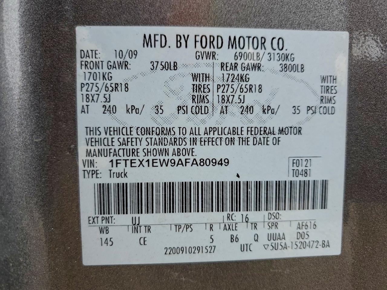 2010 Ford F150 Super Cab VIN: 1FTEX1EW9AFA80949 Lot: 93658825