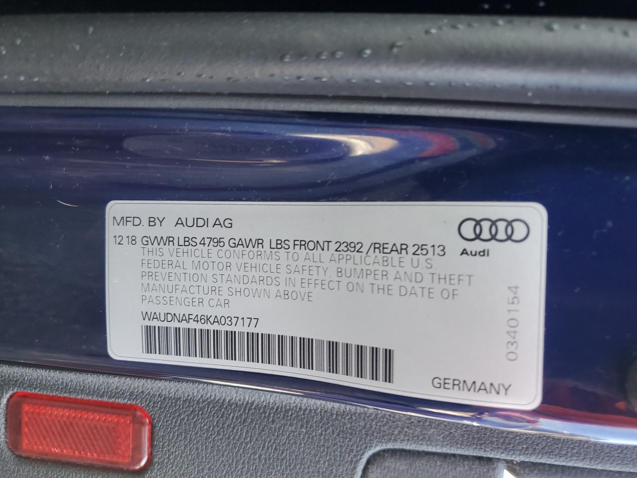 2019 Audi A4 Premium VIN: WAUDNAF46KA037177 Lot: 90848555