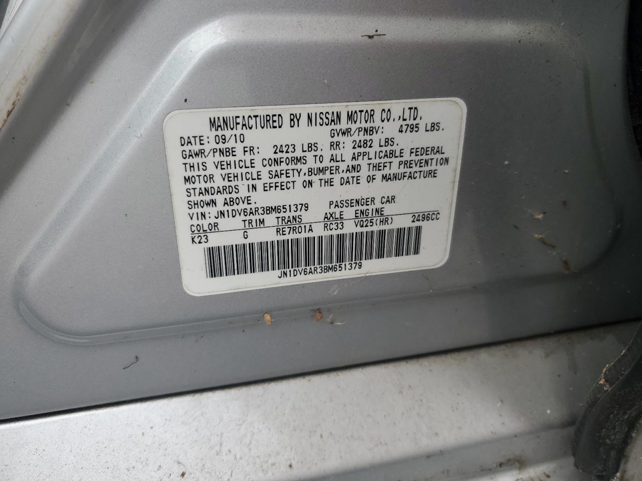 2011 Infiniti G25 VIN: JN1DV6AR3BM651379 Lot: 92261095