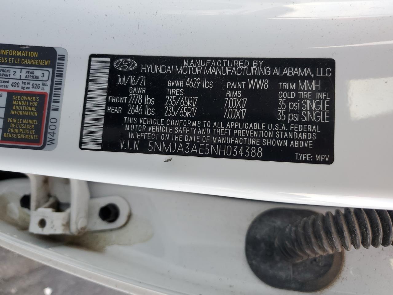 2022 Hyundai Tucson Se VIN: 5NMJA3AE5NH034388 Lot: 92424225