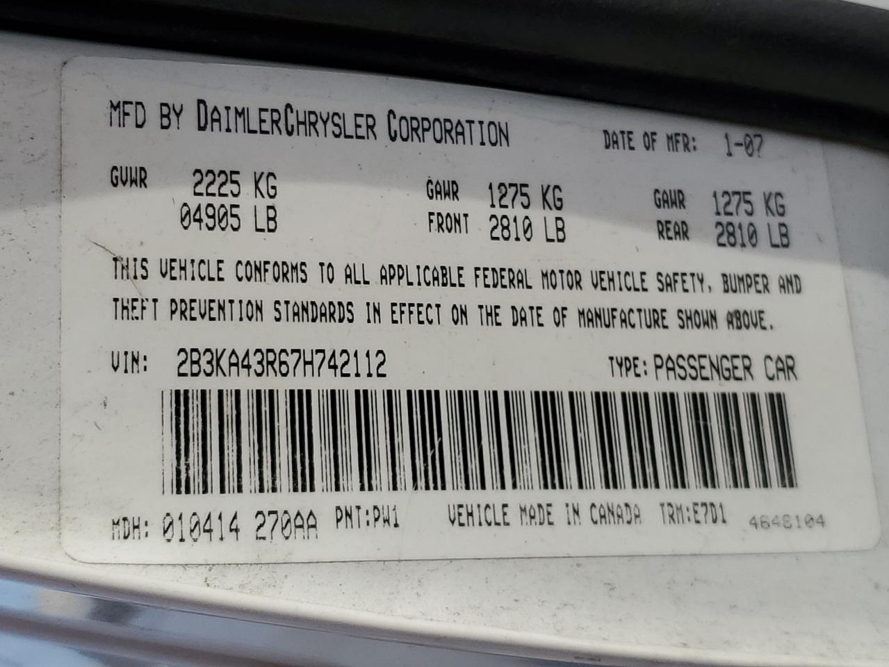 2007 Dodge Charger Se VIN: 2B3KA43R67H742112 Lot: 92639145