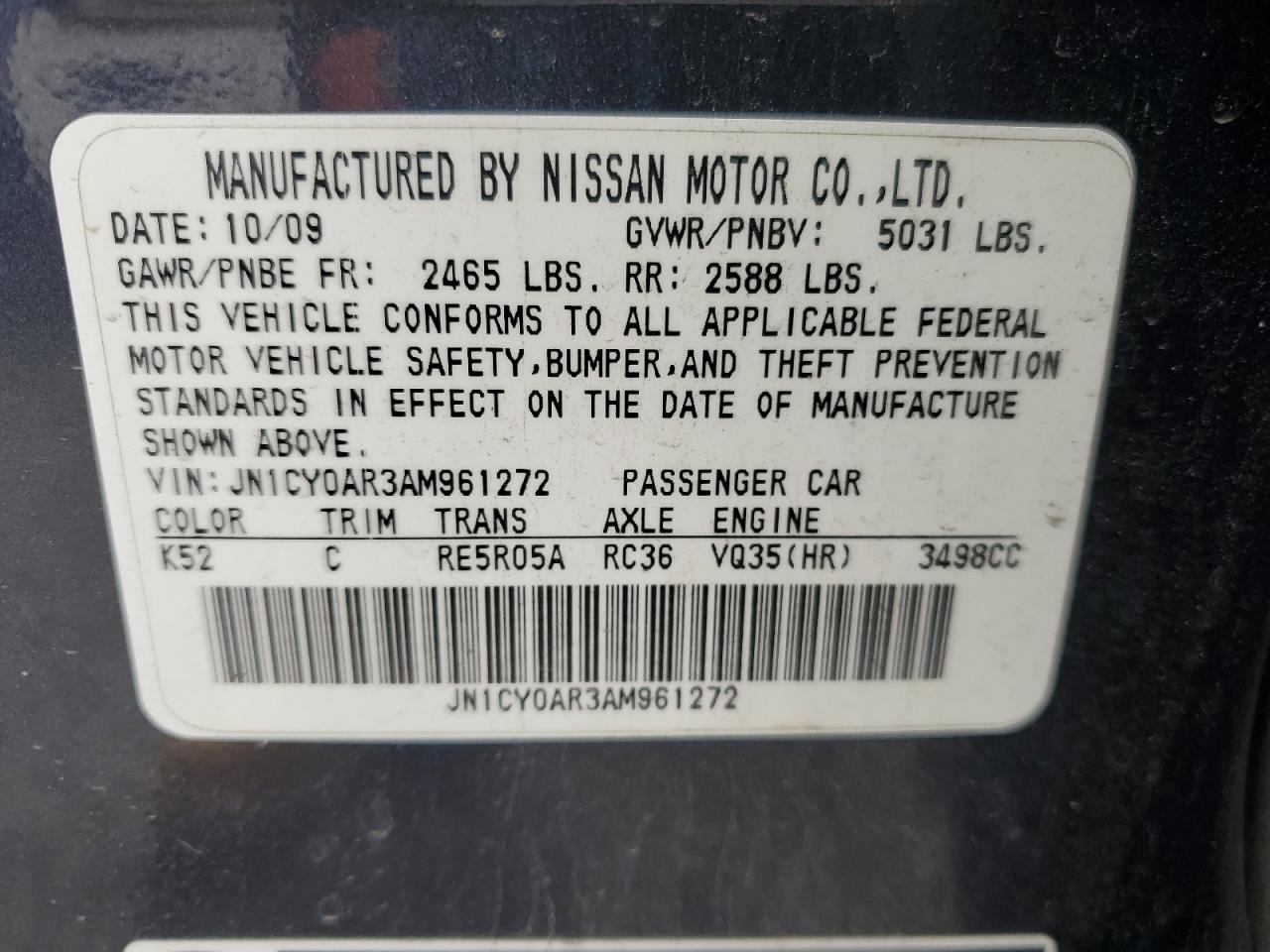 2010 Infiniti M35 Base VIN: JN1CY0AR3AM961272 Lot: 92235655