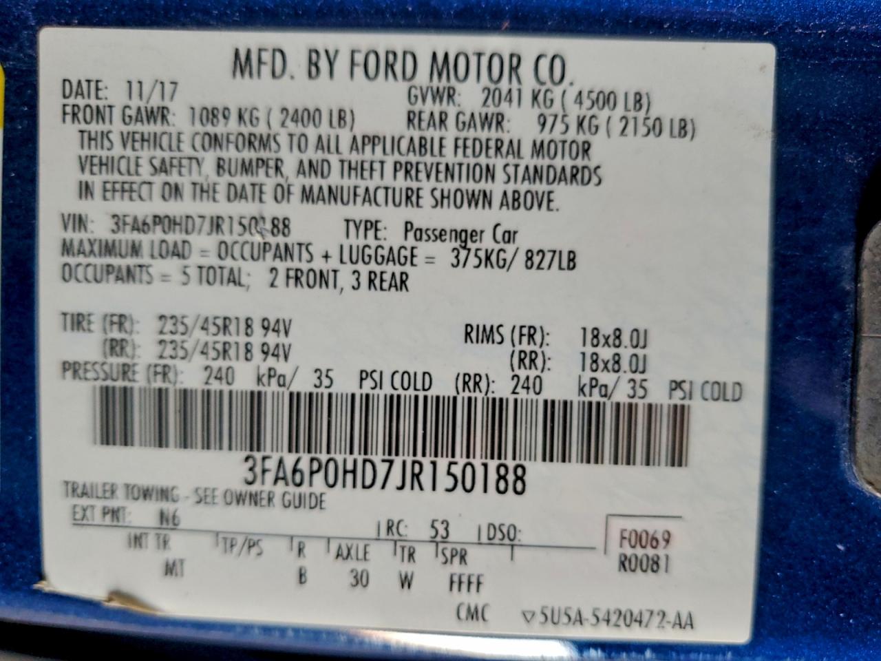 2018 Ford Fusion Se VIN: 3FA6P0HD7JR150188 Lot: 94055195