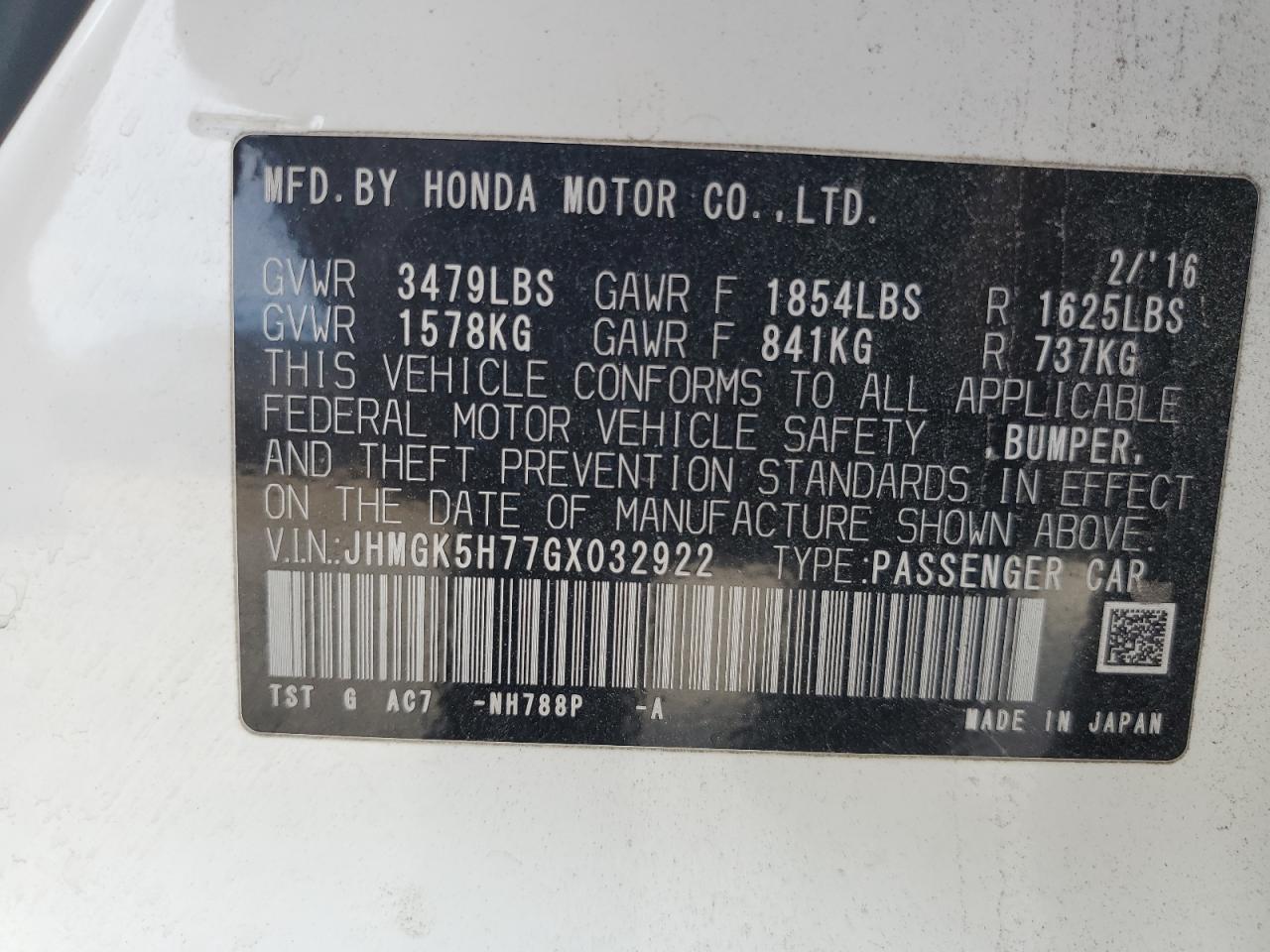 2016 Honda Fit Ex VIN: JHMGK5H77GX032922 Lot: 92341865