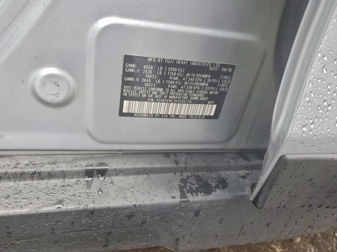 2017 Subaru Outback 3.6R Limited VIN: 4S4BSENC2H3256178 Lot: 93345985