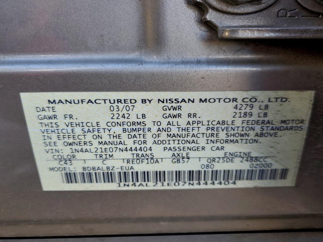 2007 Nissan Altima 2.5 VIN: 1N4AL21E07N444404 Lot: 94483315