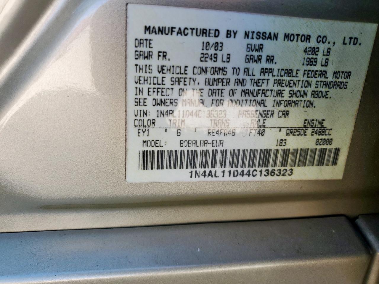 2004 Nissan Altima Base VIN: 1N4AL11D44C136323 Lot: 91376195