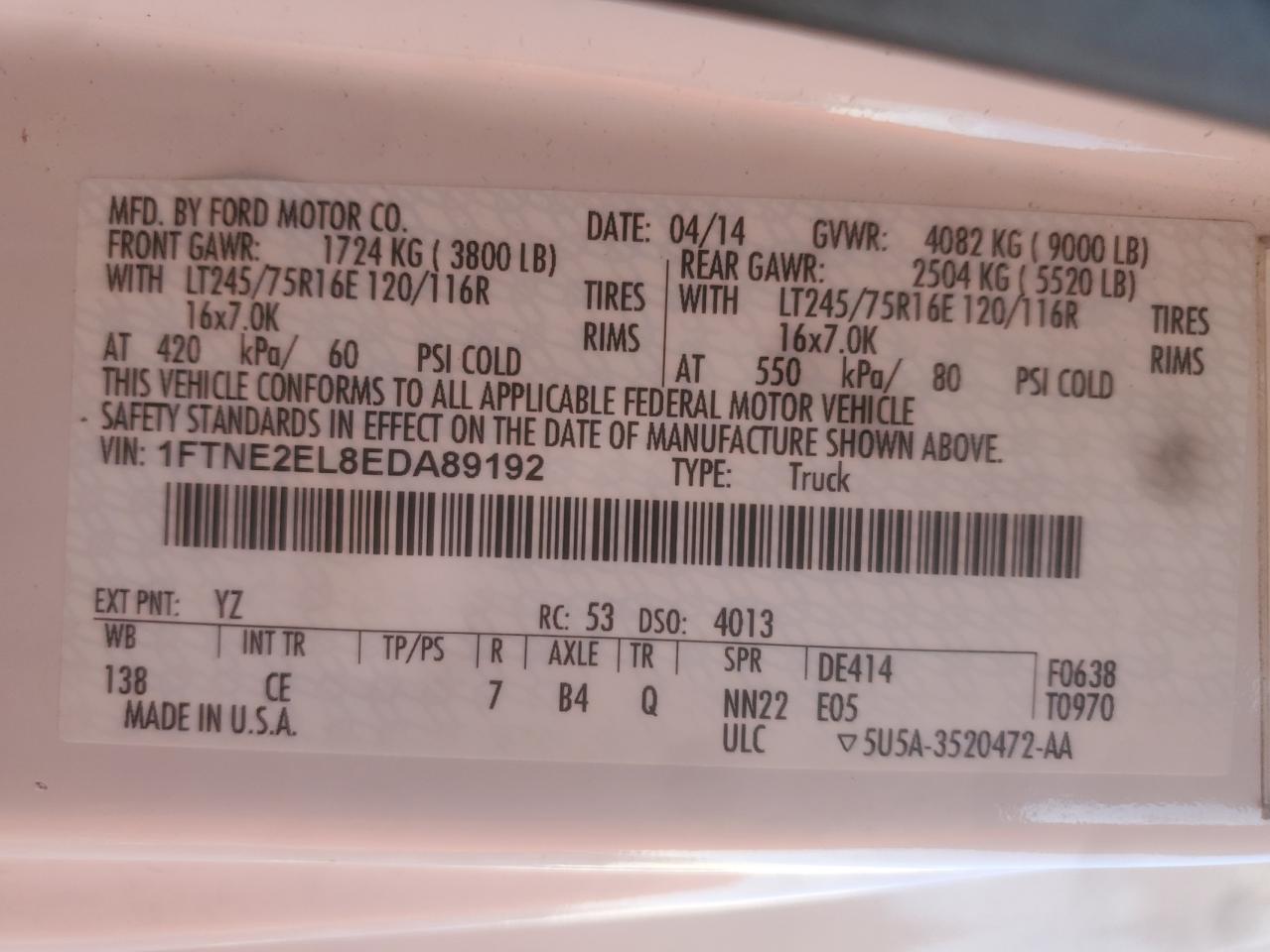 2014 Ford Econoline 250 Delivery Van VIN: 1FTNE2EL8EDA89192 Lot: 91278225