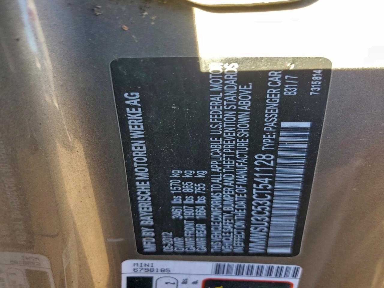 2012 Mini Cooper VIN: WMWSU3C53CT541128 Lot: 93726765