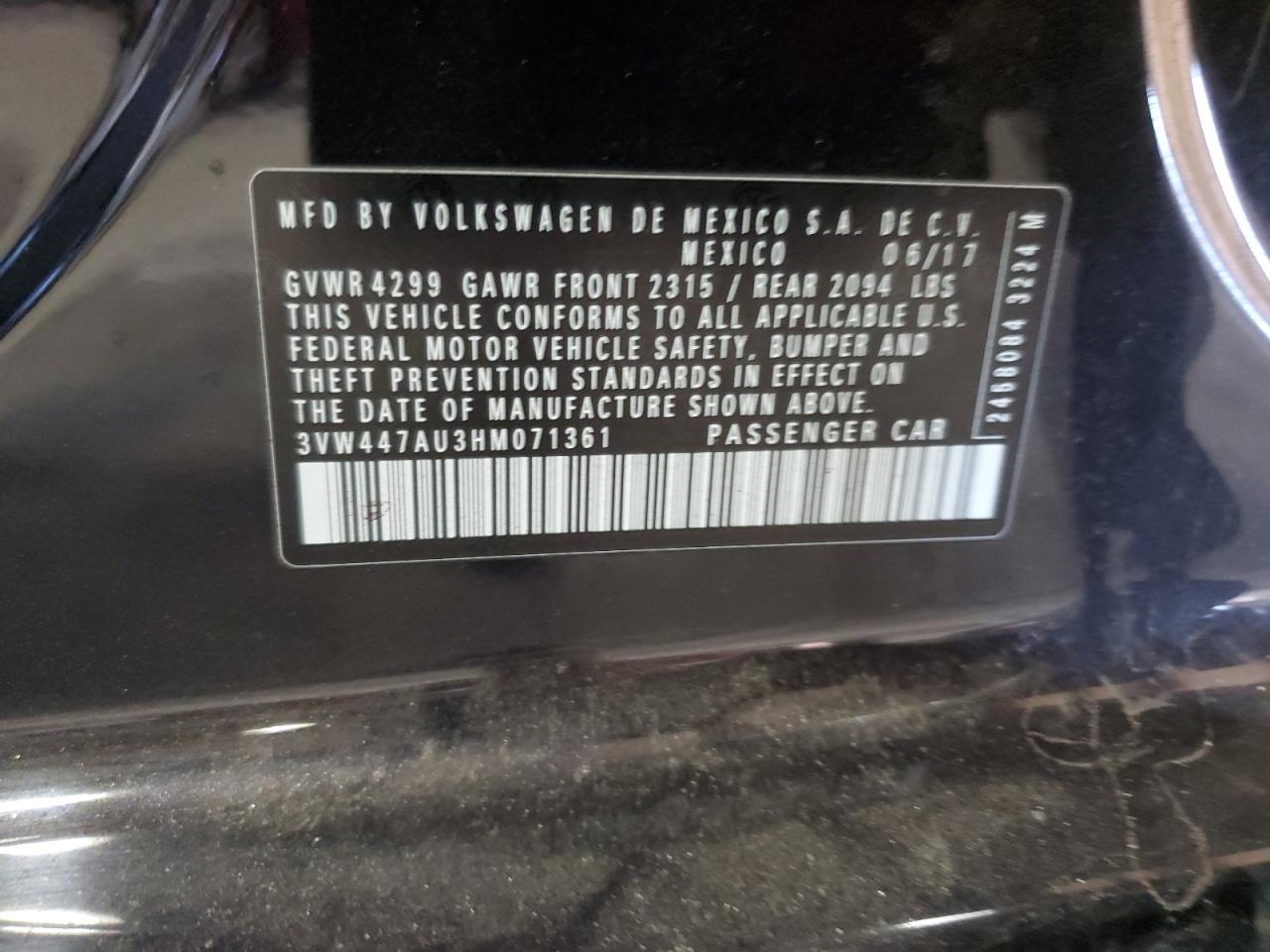 2017 Volkswagen Gti S/Se VIN: 3VW447AU3HM071361 Lot: 91567285