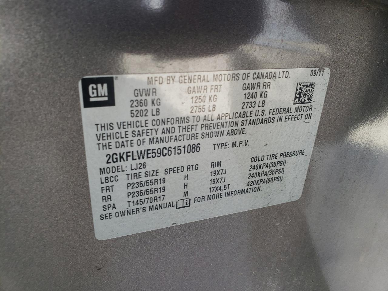 2012 GMC Terrain Slt VIN: 2GKFLWE59C6151086 Lot: 90903885