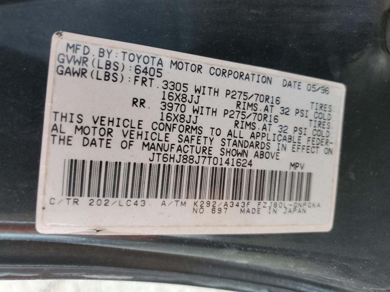 1996 Lexus Lx 450 VIN: JT6HJ88J7T0141624 Lot: 93112325