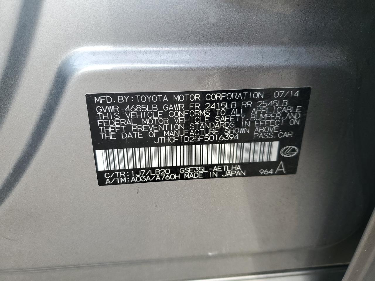 2015 Lexus Is 250 VIN: JTHCF1D25F5016394 Lot: 90865465