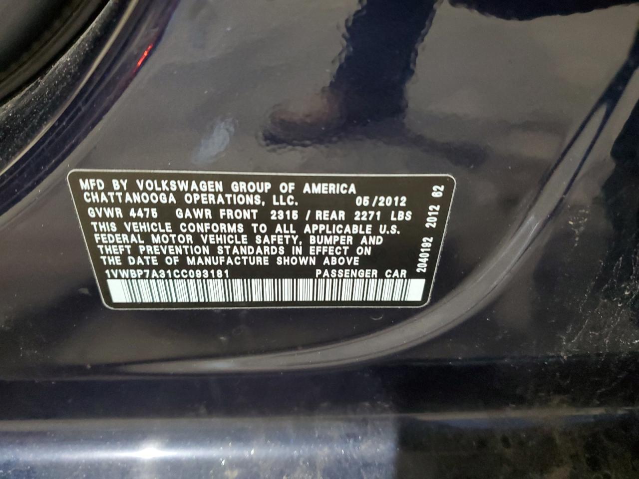 2012 Volkswagen Passat Se VIN: 1VWBP7A31CC093181 Lot: 93381075