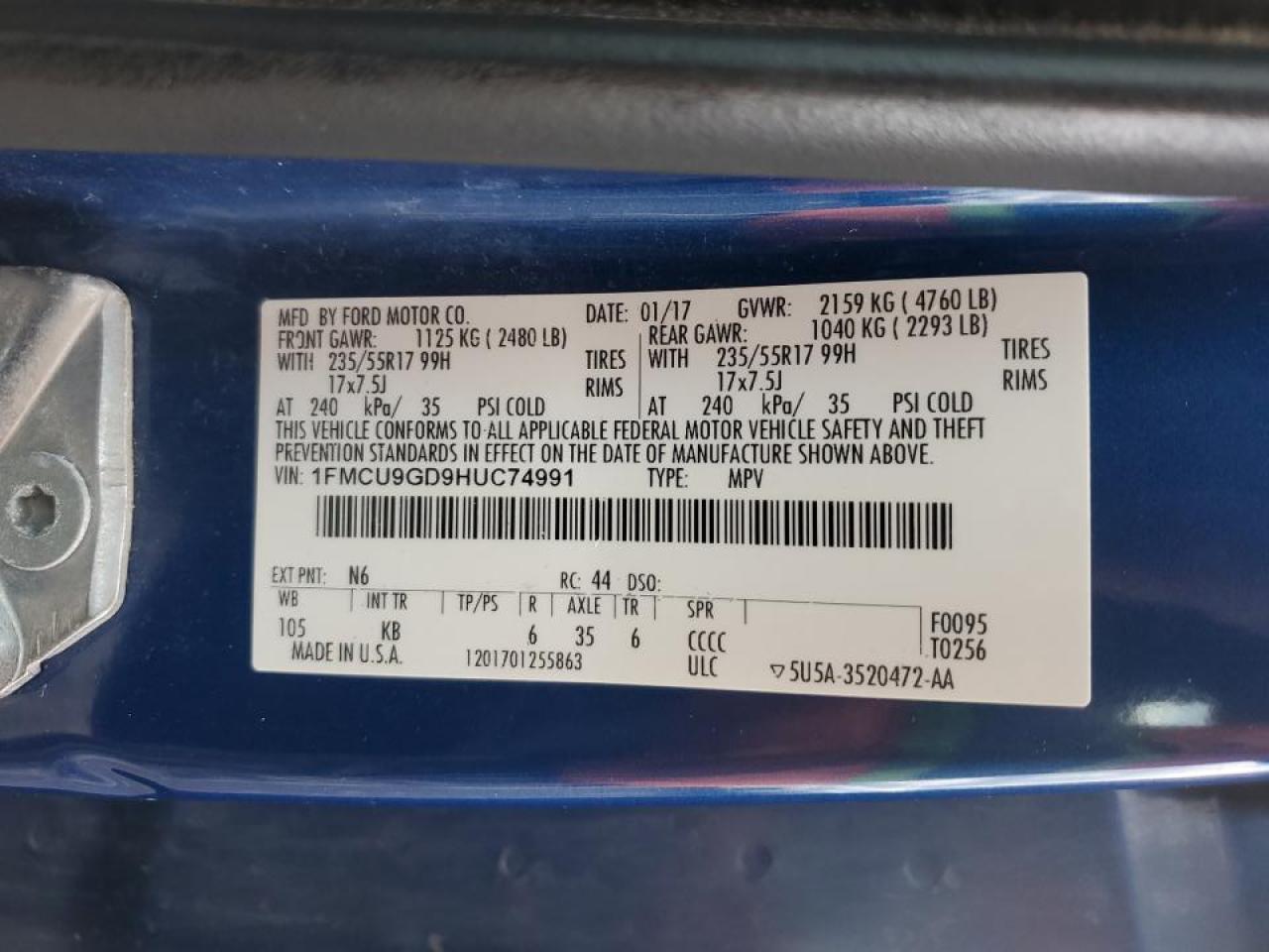 2017 Ford Escape Se VIN: 1FMCU9GD9HUC74991 Lot: 91552445