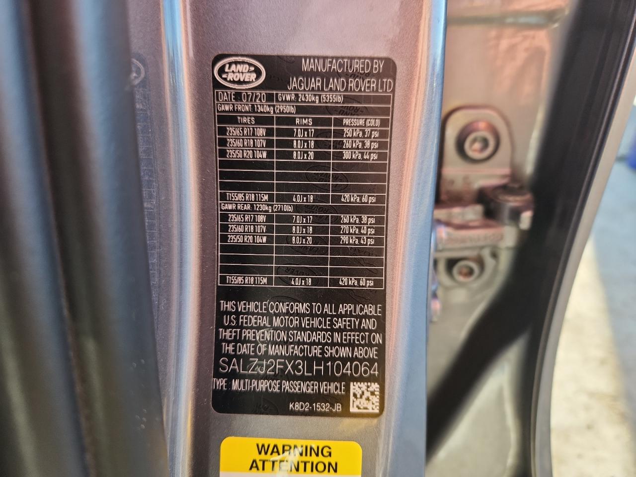 2020 Land Rover Range Rover Evoque S VIN: SALZJ2FX3LH104064 Lot: 91935215