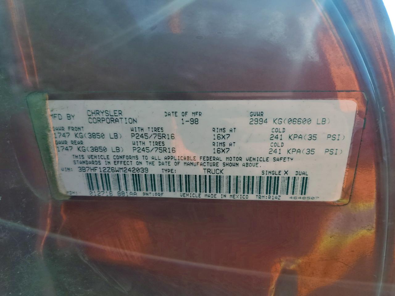 1998 Dodge Ram 1500 VIN: 3B7HF12Z6WM242039 Lot: 94586885