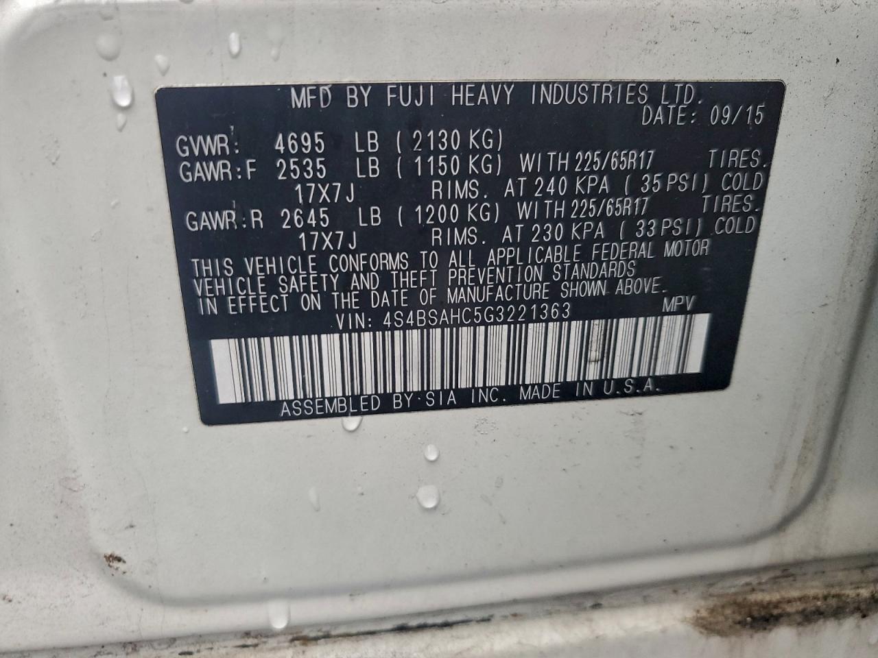 2016 Subaru Outback 2.5I Premium VIN: 4S4BSAHC5G3221363 Lot: 94475855