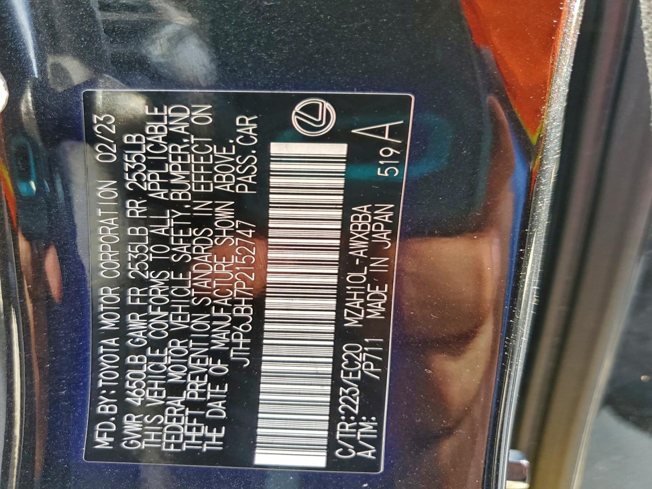 2023 Lexus Ux 250H Premium VIN: JTHP6JBH7P2152747 Lot: 93409505