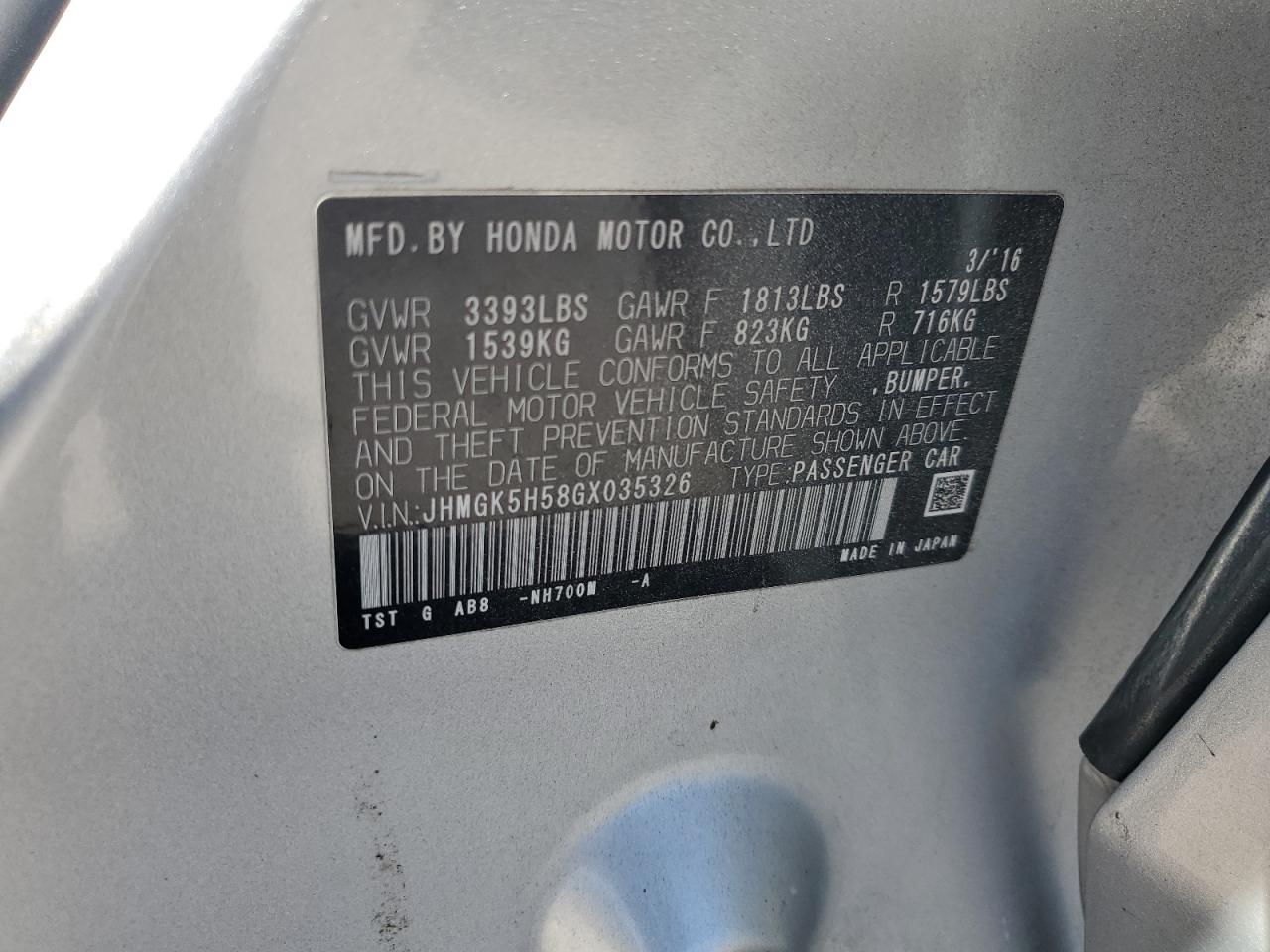 2016 Honda Fit Lx VIN: JHMGK5H58GX035326 Lot: 90219215