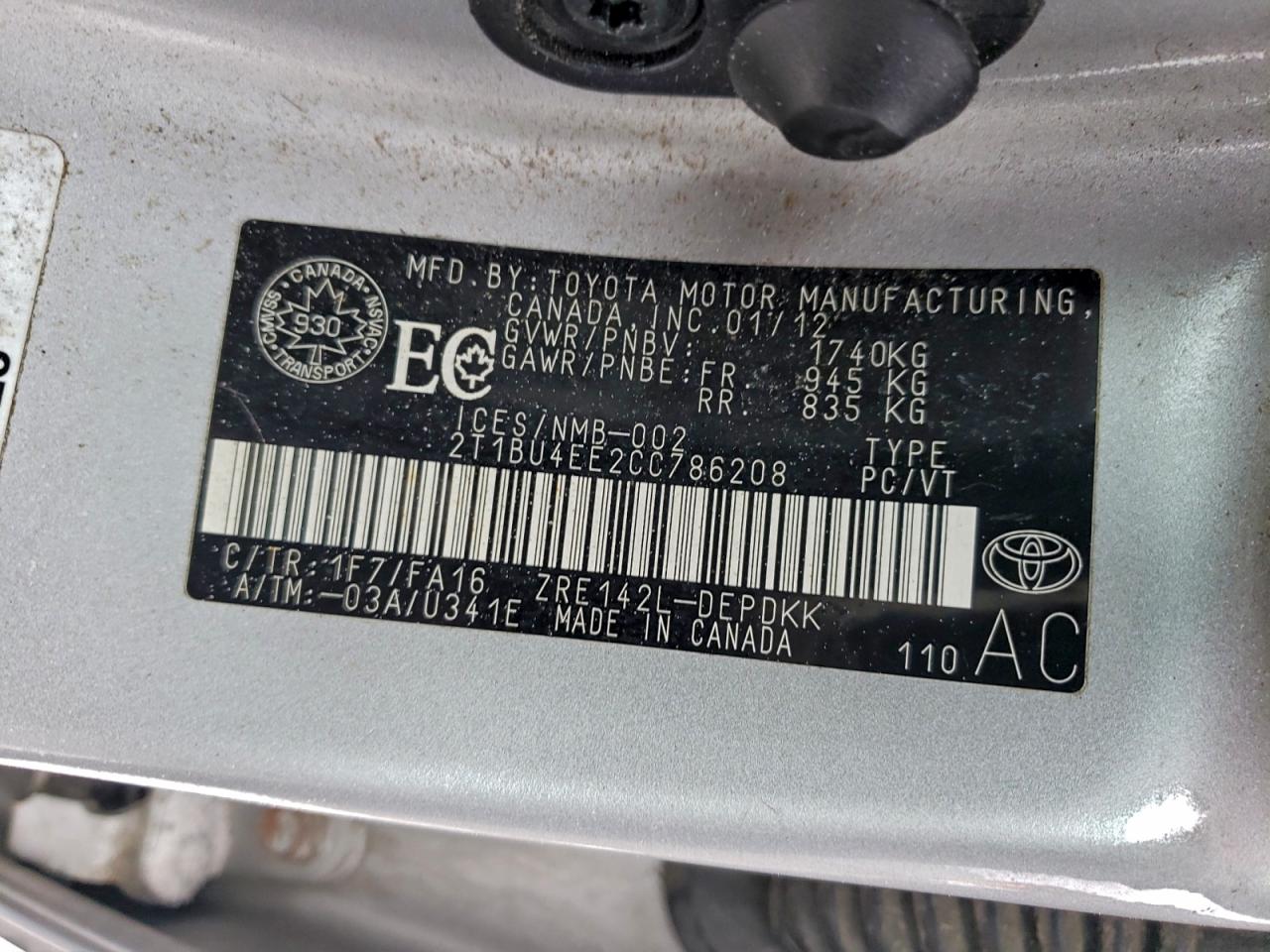 2012 Toyota Corolla Base VIN: 2T1BU4EE2CC786208 Lot: 93371735